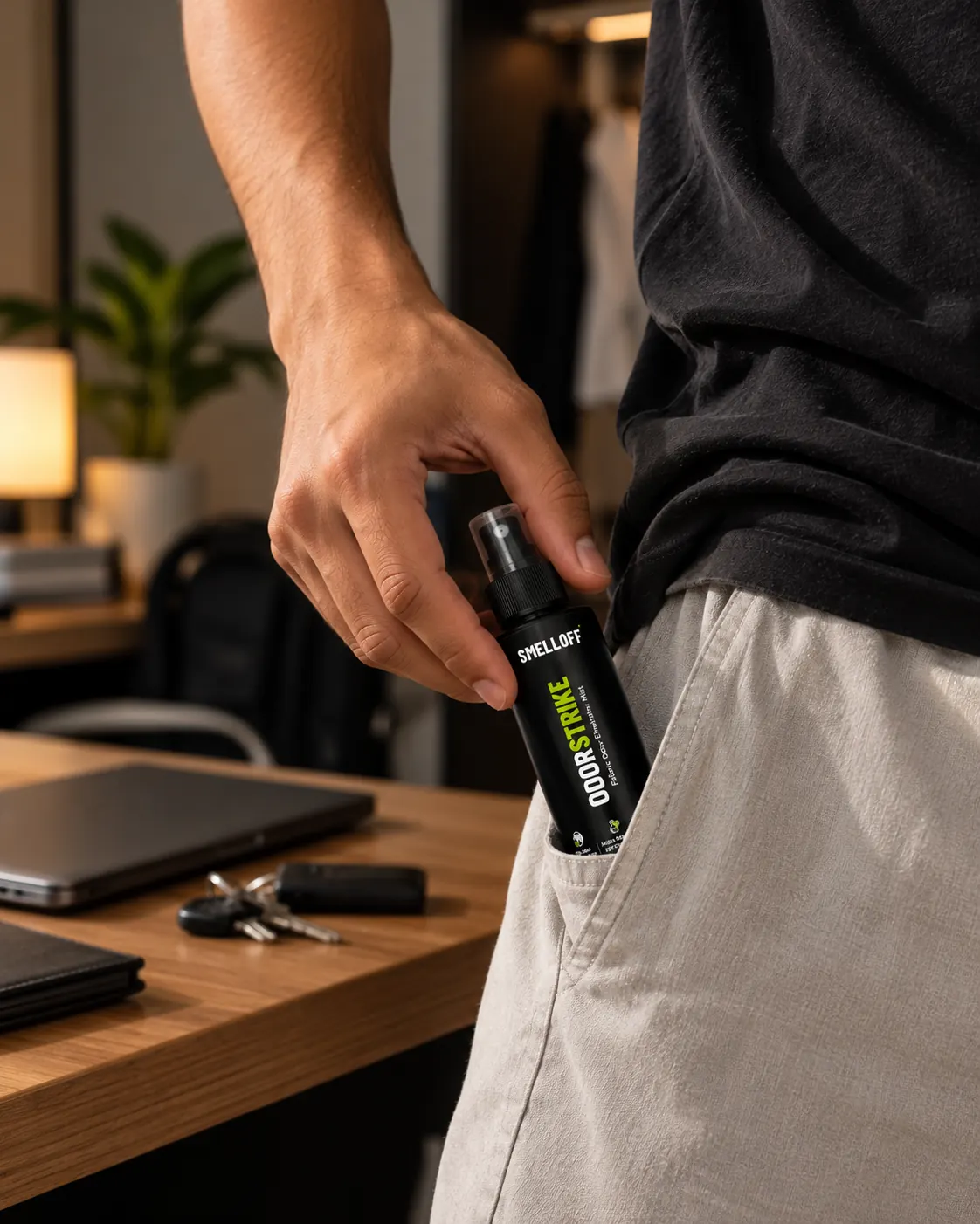 The 50ml ODORSTRIKE bottle slipping into the front pocket of beige trousers.